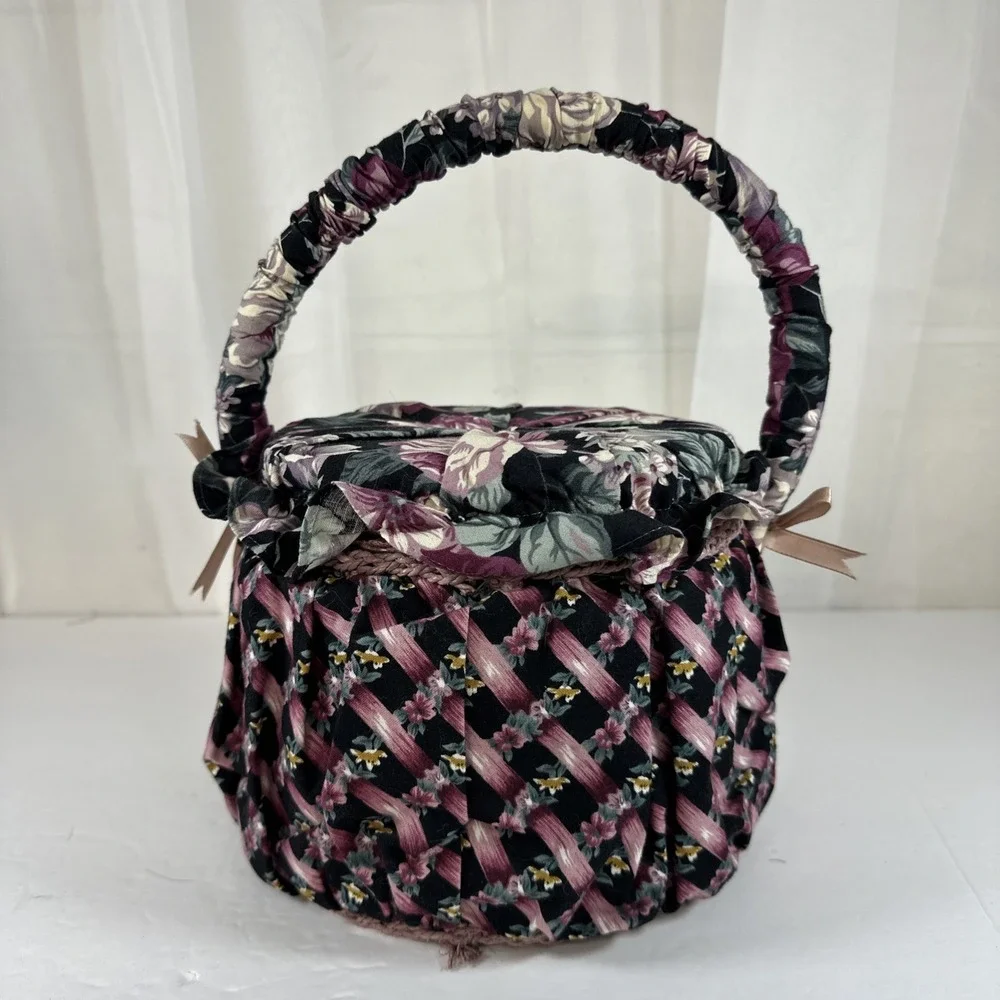 Vintage Fabric Sewing Box With Handle Floral Storage Black Purple Pink Green